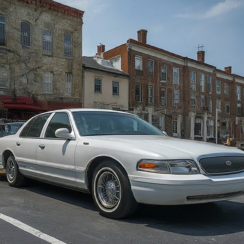 1990s White Grand Marquis in front of Rowhomes. 